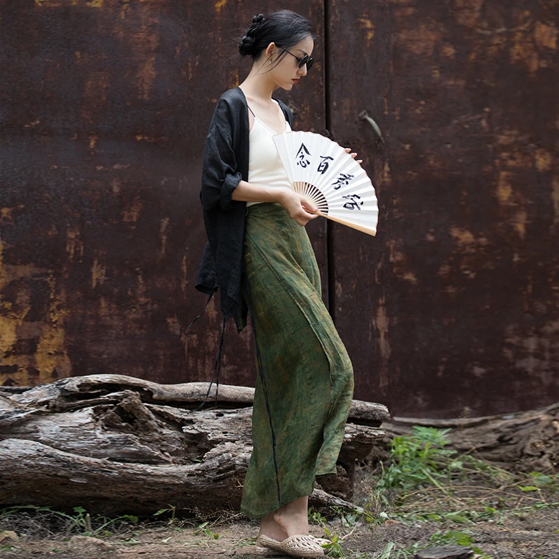 轻奢高支纯苎麻印花夏文艺复古低调一片式裹身女式半身裙异域风情