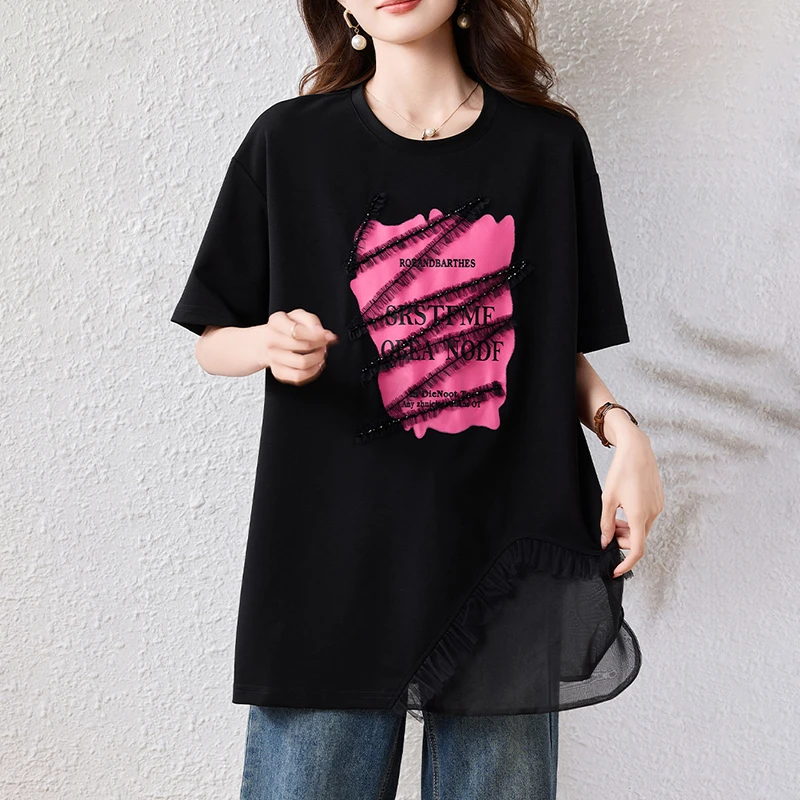 黑色时尚设计感短袖t恤女2025夏季新款宽松大码印花蕾丝拼接上衣