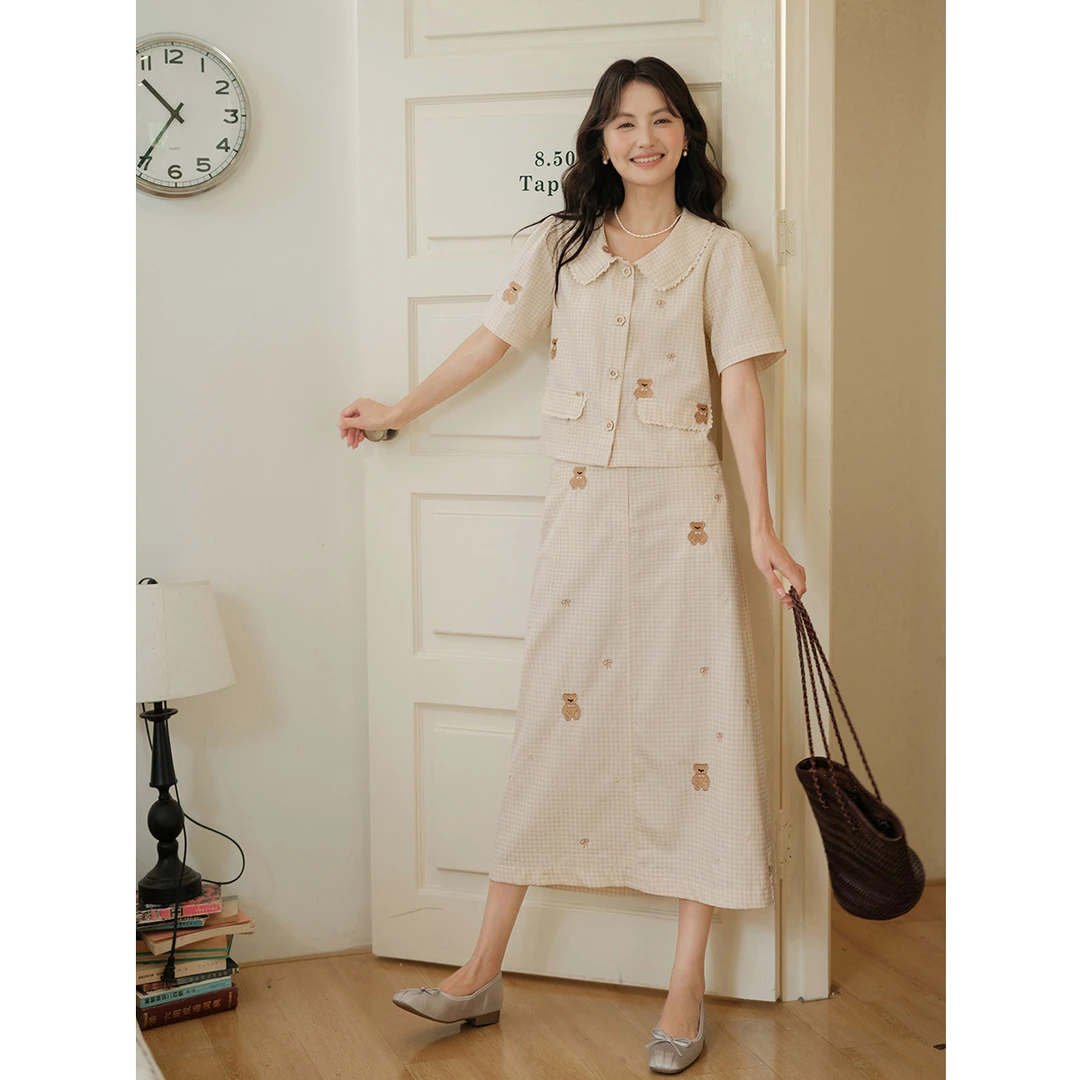 木易易 小熊刺绣衬衫半身裙两件套女2025新款夏日减龄穿搭一整套