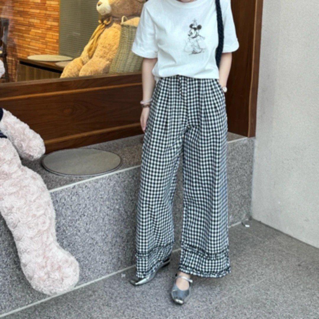 高腰阔腿裤薄款直筒型常规休闲裤双层花边宽松洋气女装格纹