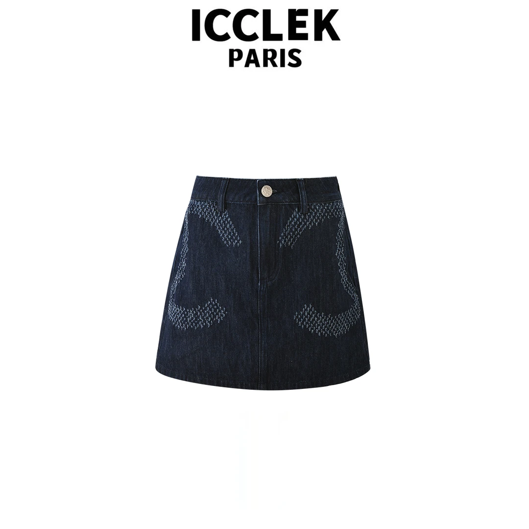 ICCLEK 深蓝色牛仔短裙轻奢宽松夏季百搭显瘦夏季通勤气质 - 5801