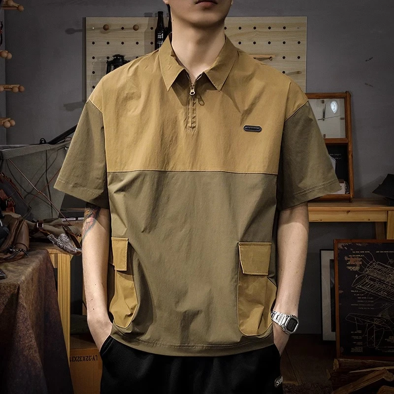 美式复古双拼色短袖polo衫男宽松大码多口袋翻领体恤夏季速干半袖