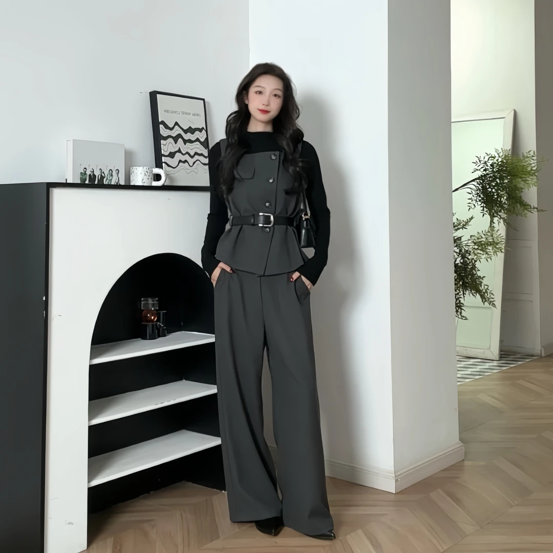 爱依服秋冬千金风慵懒风时尚套装长裤黑色西裤显瘦