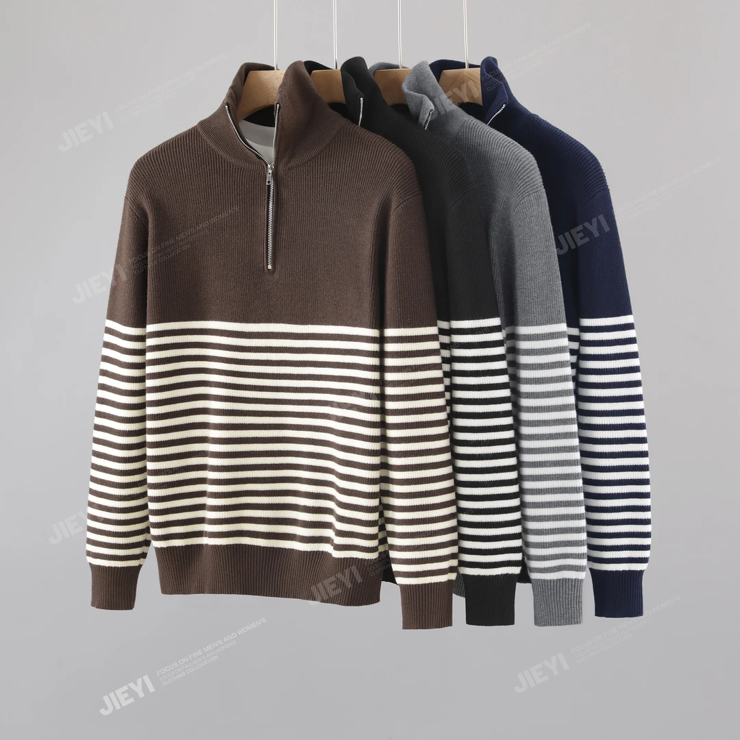秋季美式复古老钱风条纹撞色半拉链翻领针织衫男休闲时尚百搭长袖