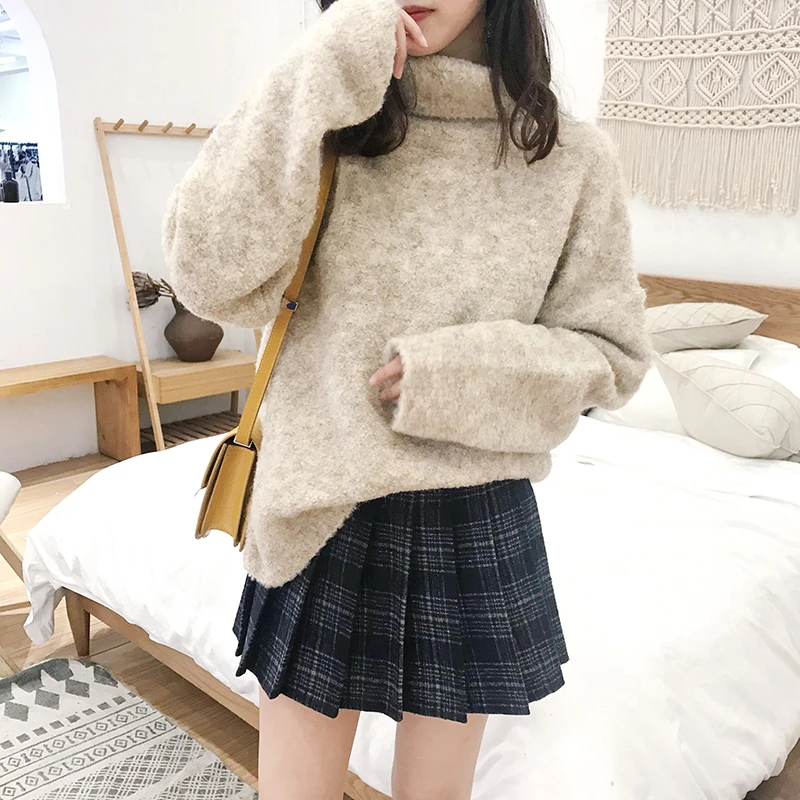 秋冬女装慵懒风软糯宽松外穿针织衫女高领厚毛衣韩版百搭学院