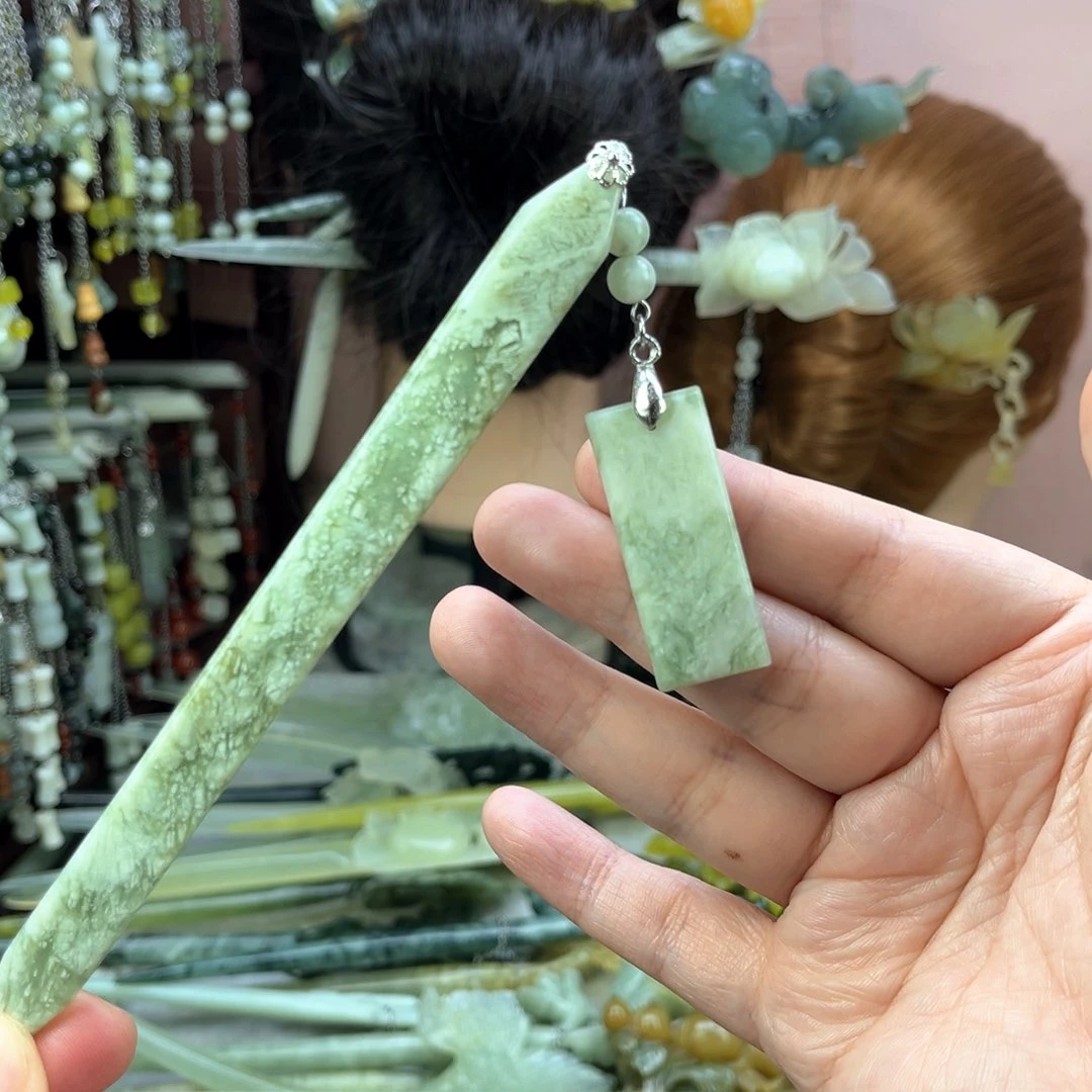 蛇纹石玉发饰未镶嵌长度15厘米左右