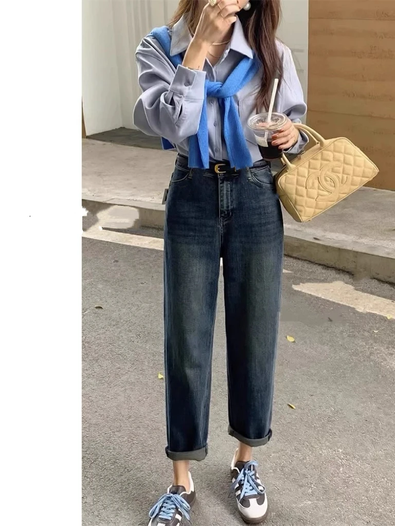 老爹裤哈伦裤高腰显瘦牛仔裤秋冬加绒九分裤梨形身8096