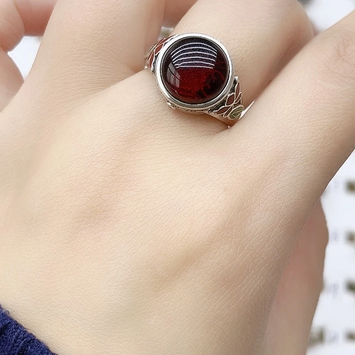 血珀戒指银S925镶嵌天然