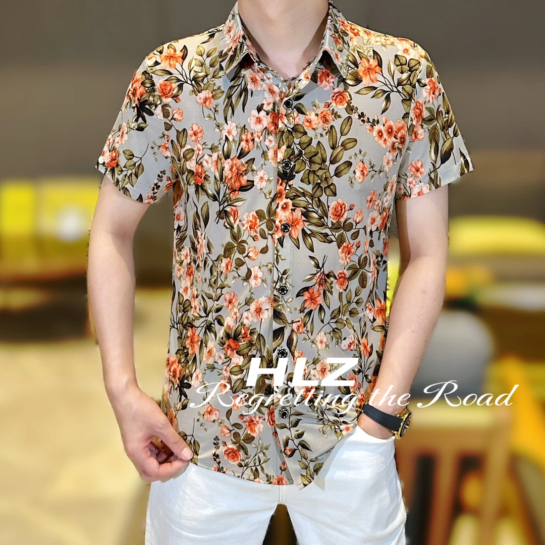 2025夏季新款男士时尚休闲薄款个满身花朵图案纽扣翻领短袖衬衫