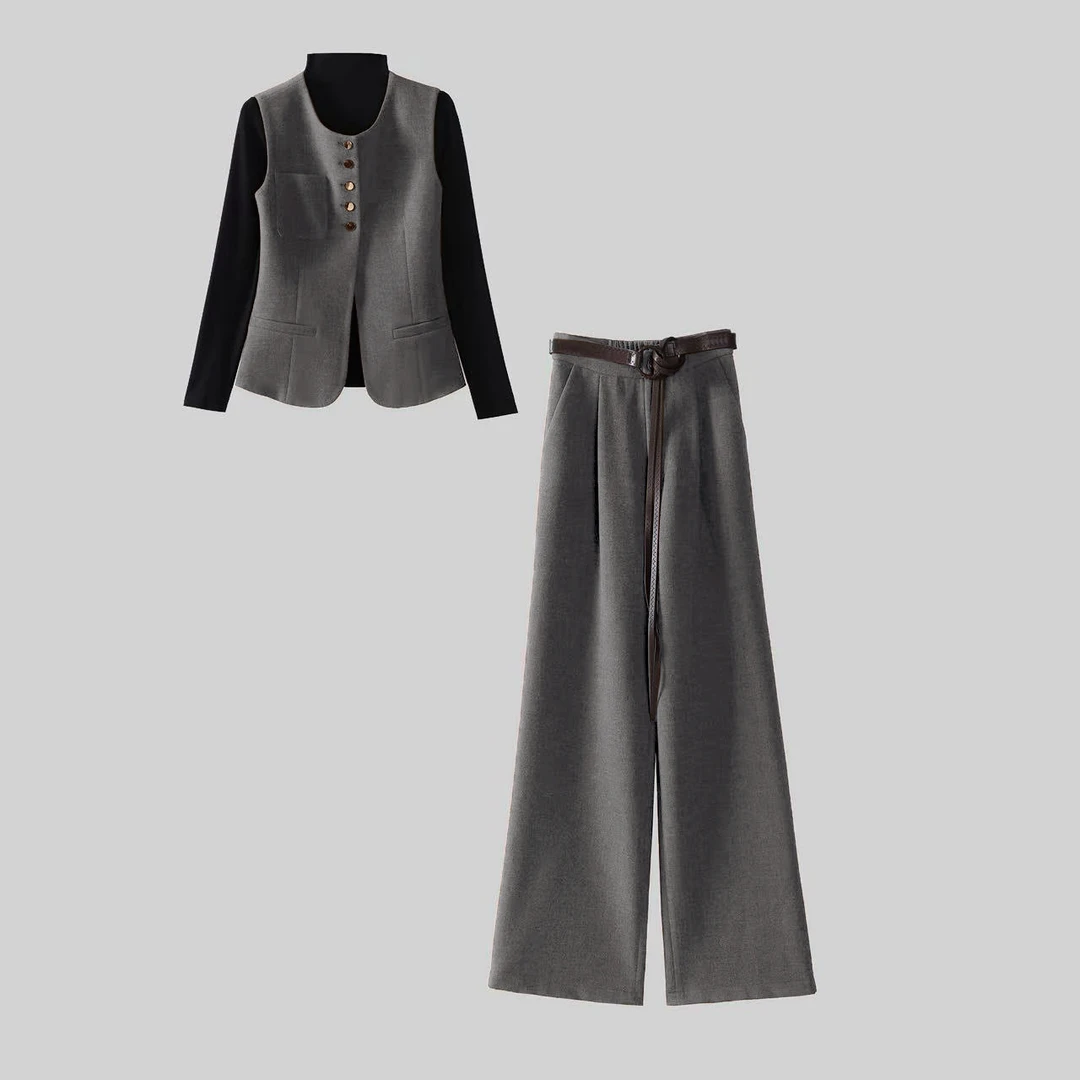 〈纪朵研〉H538一整套韩系穿搭高级感打底衫马甲阔腿裤腰带四件套
