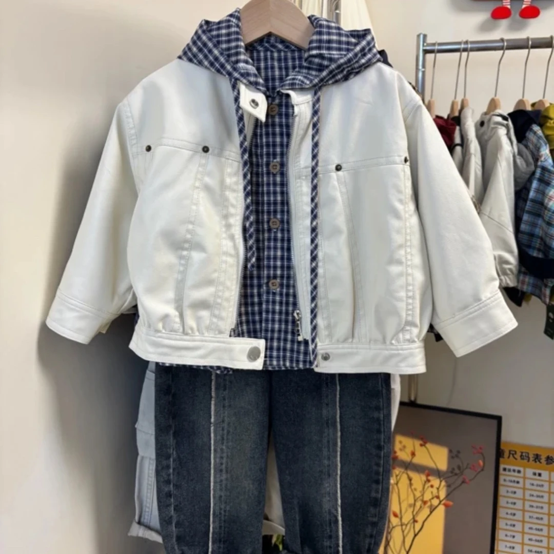 2025春秋新款儿童外套季新品男女宝宝百搭纯色皮夹克短款风皮衣潮