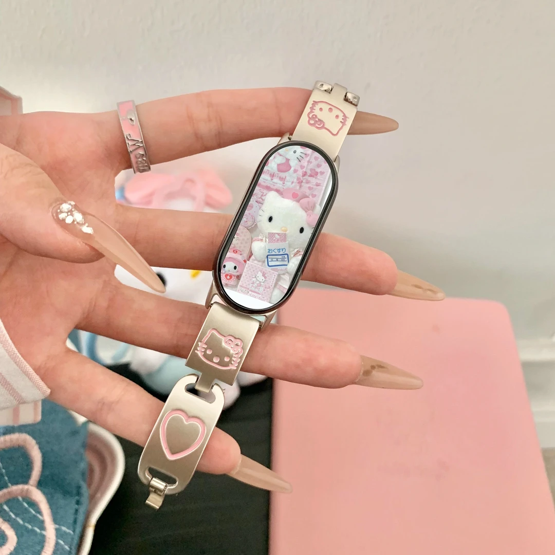 适用小米9手环表带爱心kk猫女生表链Kitty凯蒂猫可爱金属腕带