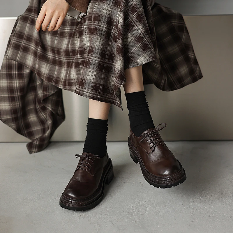 6厘米复古厚底真皮鞋休闲秋季乐福鞋黑色学院系带英伦风单鞋圆头