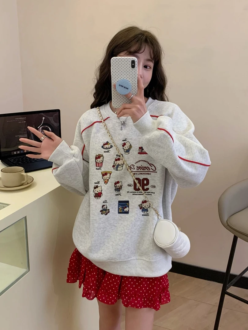 美式韩版嘻哈卫衣女Sjenn*e珍妮同款夹牙猫咪刺绣她套头圆领上衣