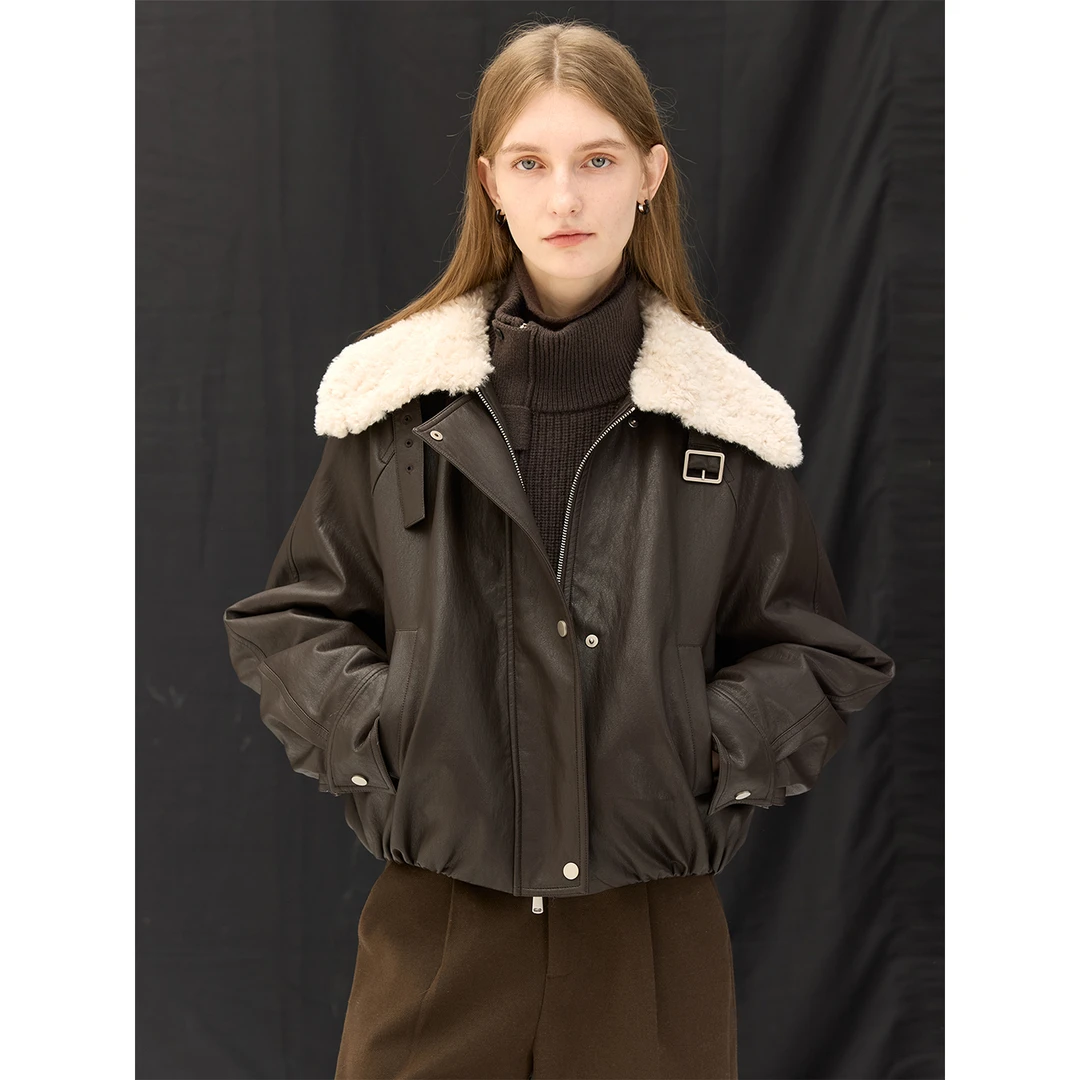 毛领大翻领皮夹克羽绒服女冬90白鸭绒皮衣短外套