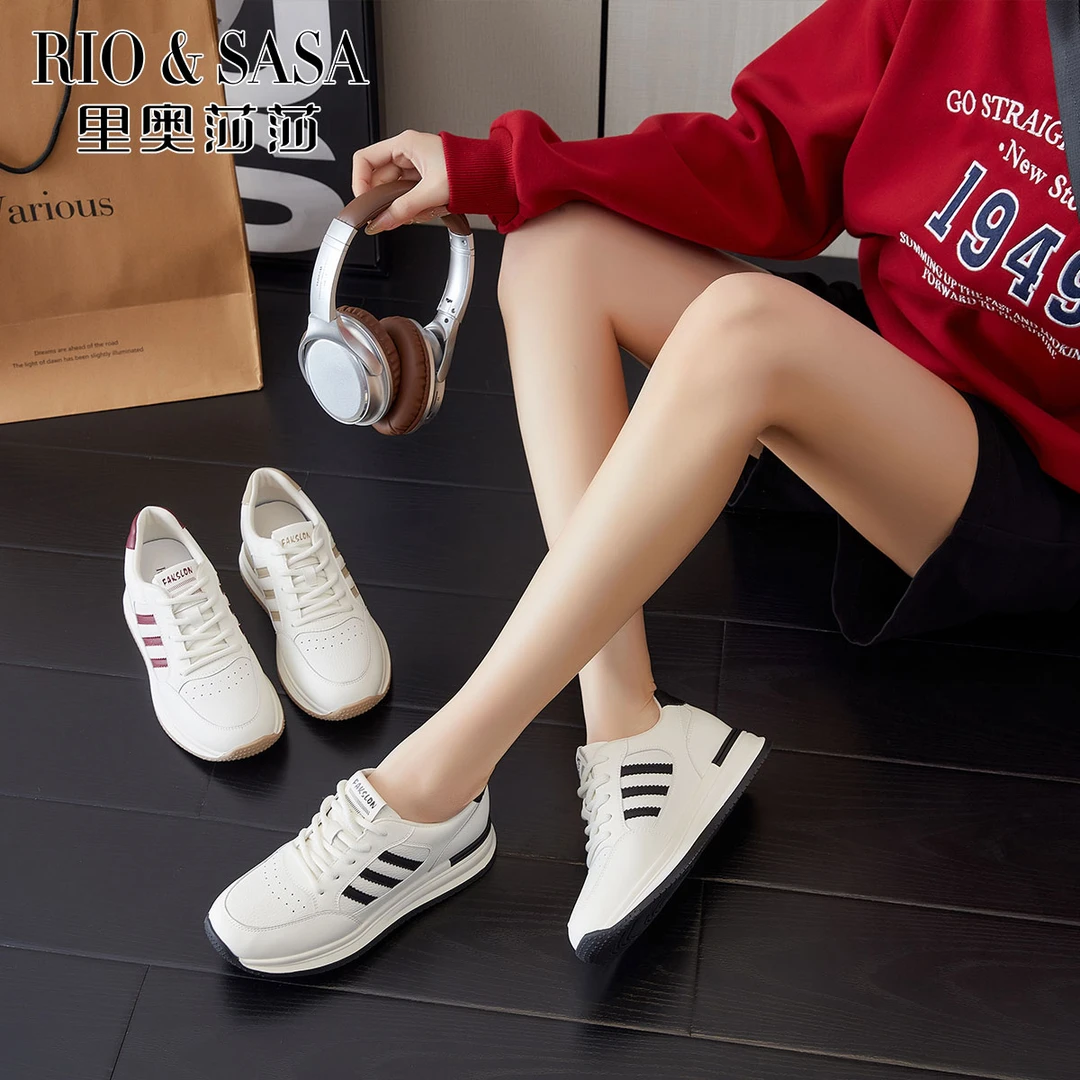 里奥莎莎2025时尚韩版低帮小白鞋百搭系带透气内增高休闲鞋24D18