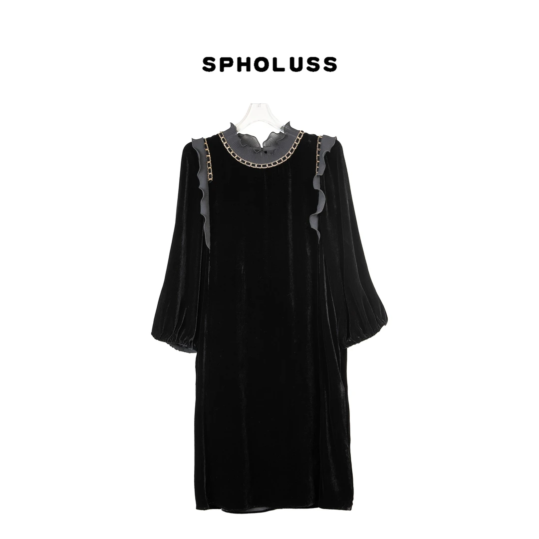 【丝芙玉禄】（K512）重磅100%真丝丝绒重工花边下摆丝绒气质连衣裙