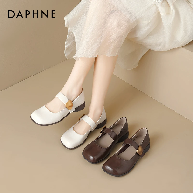 达芙妮玛丽珍小皮鞋女2025春季新款法式粗跟绝美浅口方头气质单鞋