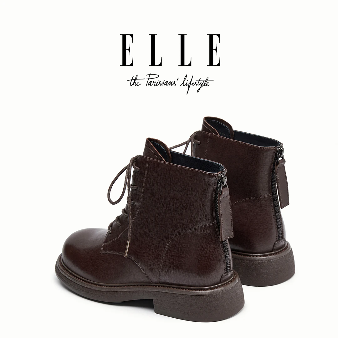 ELLE真皮棕色马丁靴女英伦风2025秋冬新款粗跟圆头系带ins短靴子