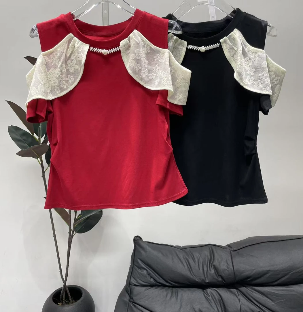 【晨浠定制】新款时尚百搭减龄露肩提花拼接短袖T恤510