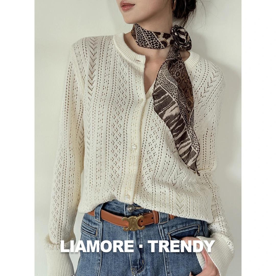 CL思琳镂空针织开衫女2025年秋季新款米白色温柔气质毛衣外套