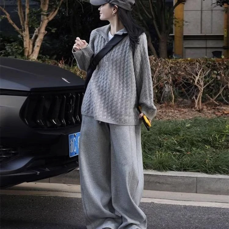 韩版宽松慵懒风灰色套头半拉链毛衣秋冬女小个子oversize针织上衣