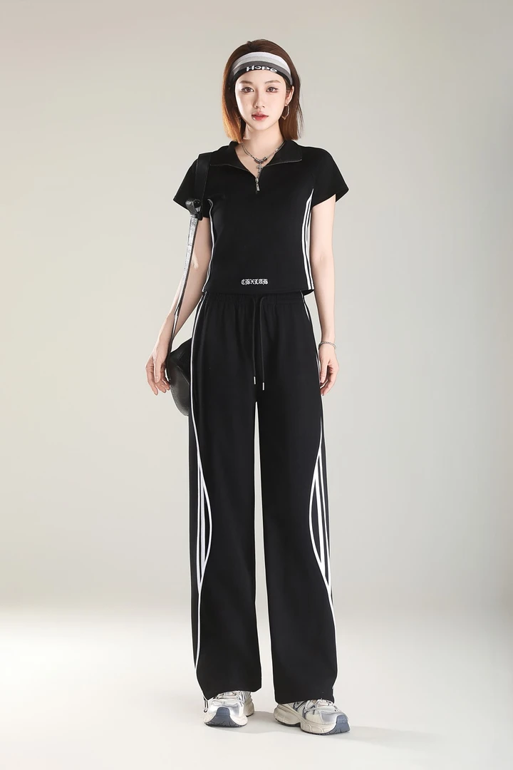 2025短袖夏季新款设计上衣阔腿长裤套装两件套