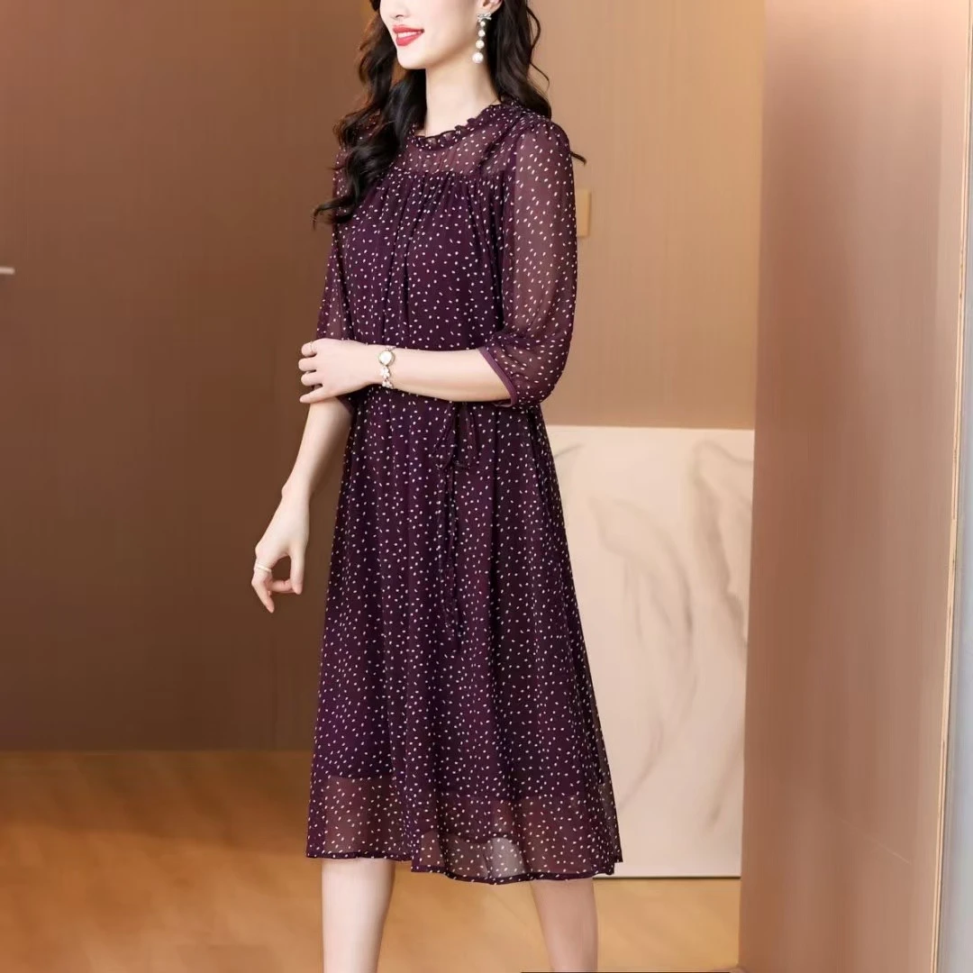 《苏》新气质紫色波点高级连衣裙时尚修身显瘦中长款裙子