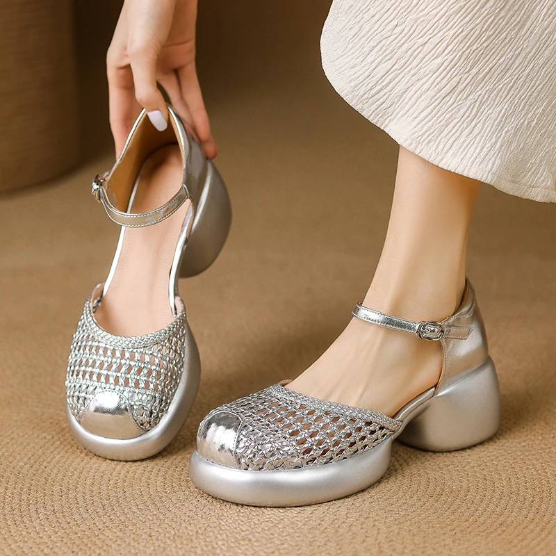 牛皮6.5公分/夏季一字扣粗跟厚底高跟鞋女透气镂空编织包头凉鞋