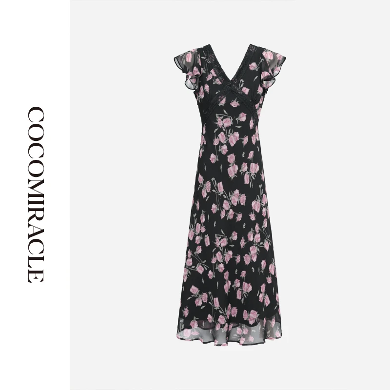 董小姐【夜莺玫瑰】新款V领蕾丝拼接收腰连衣裙W53LYQ630