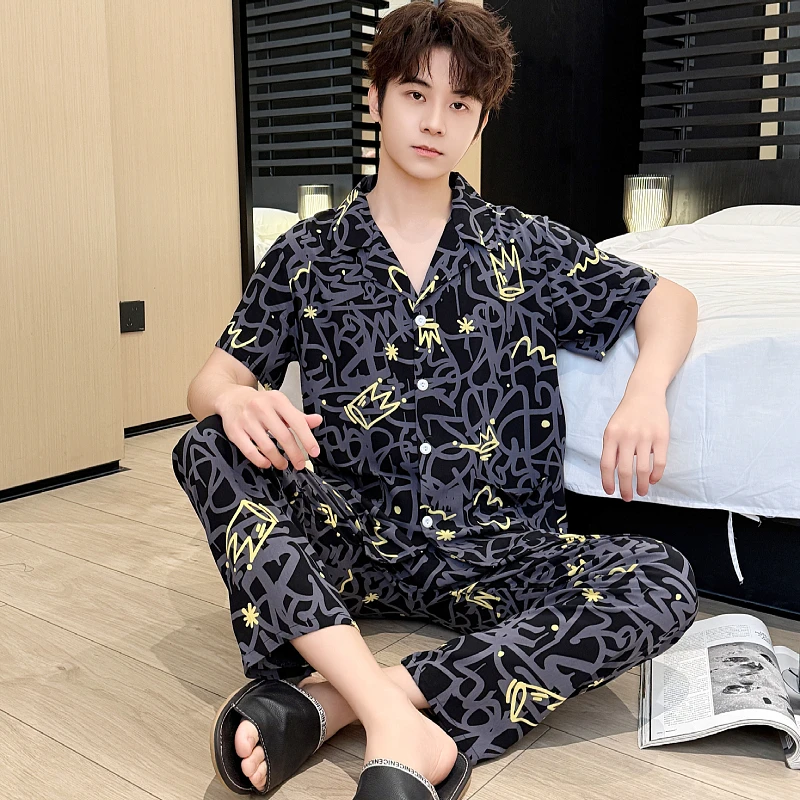 男人棉绸睡衣夏天短袖薄款套装春夏款绵绸男家居服可外穿翻领休闲