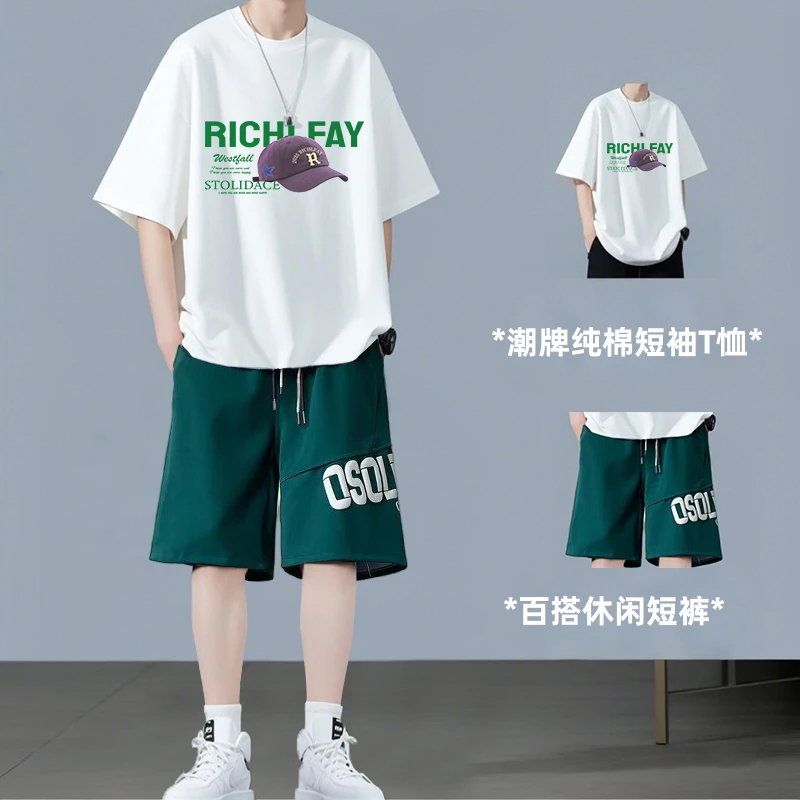 霄桂姿纯棉短袖t恤套装男夏薄款青少年卡通印花休闲短裤男士夏装