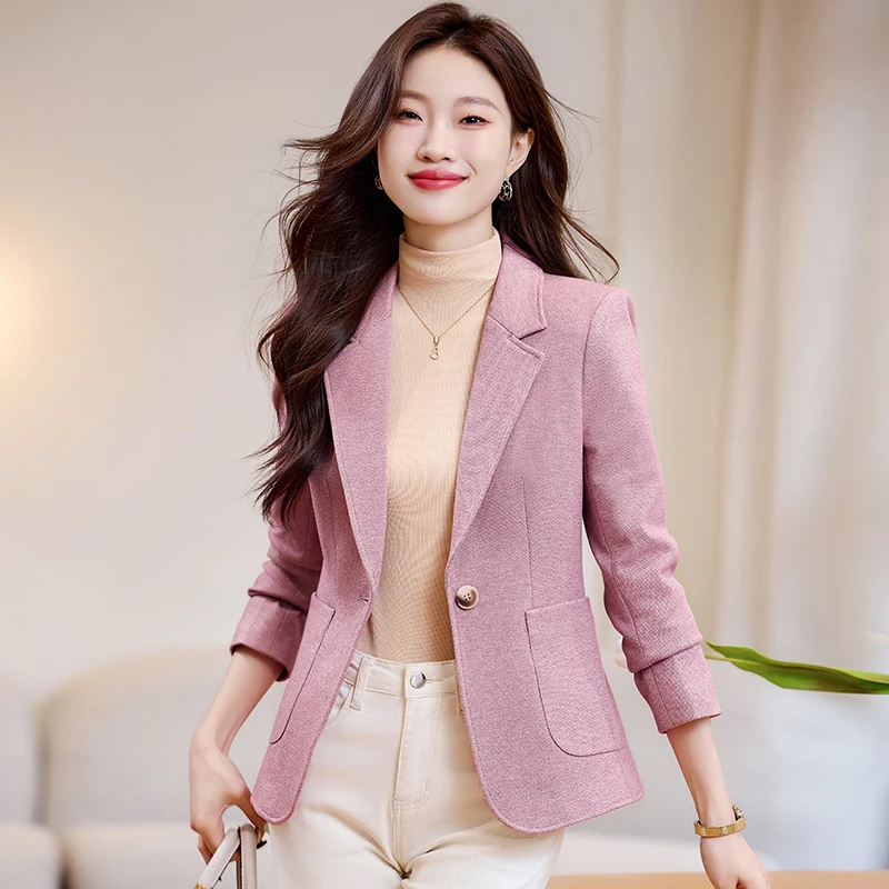粉色秋冬呢料气质休闲职业小个子西装外套修身女神范春秋长袖外套