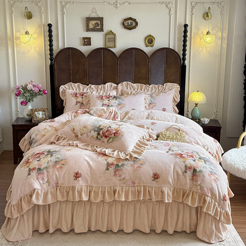 新款5D数码印花牛奶绒床盖四件套双面加绒加厚韩版欧式