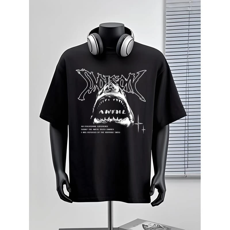 鲨鱼男士T恤夏季美式潮牌透气宽松圆领休闲纯棉印花短袖上衣t恤