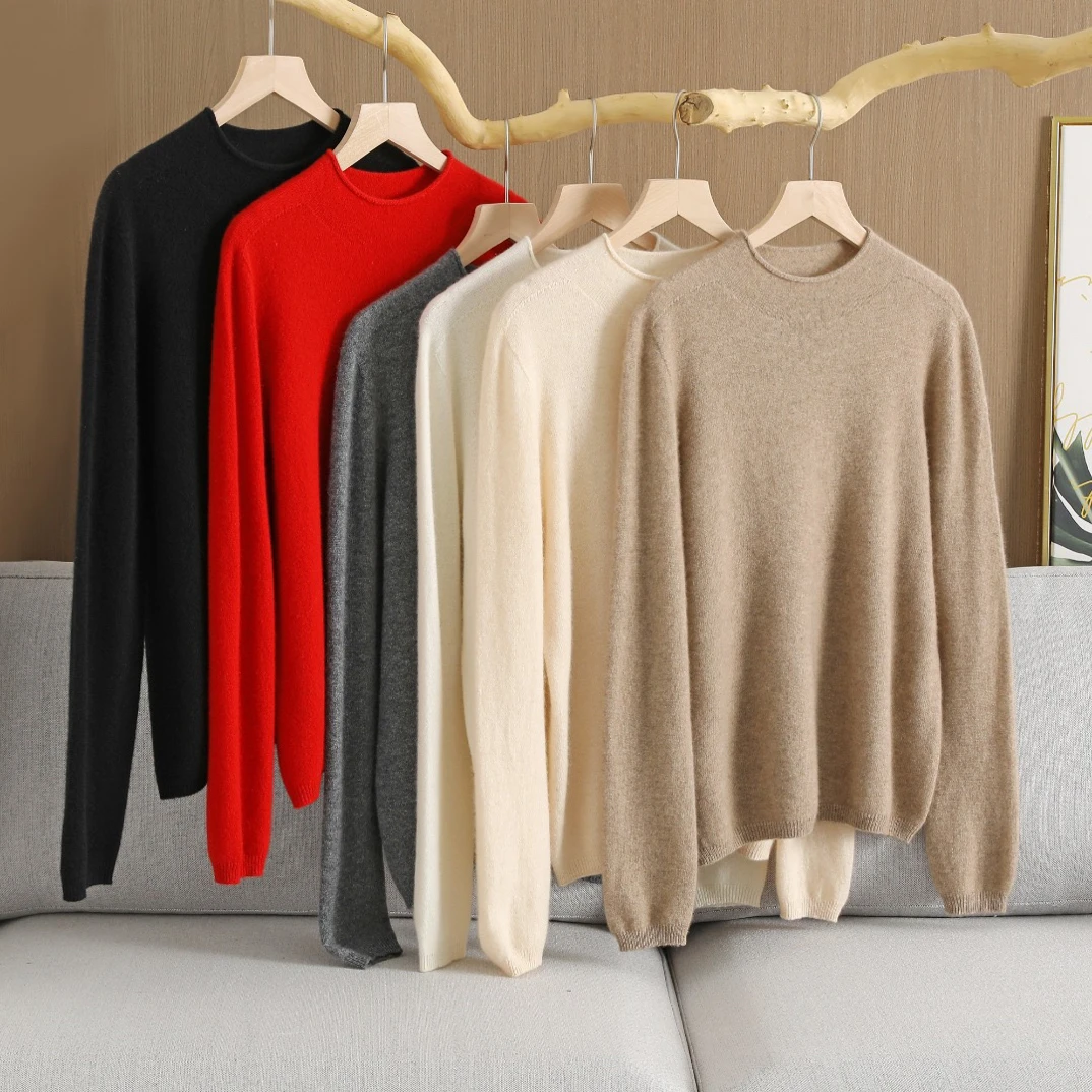 （纯山羊绒，以克论价）单品单件彩色条卷边圆领V领堆堆领半高领开衫