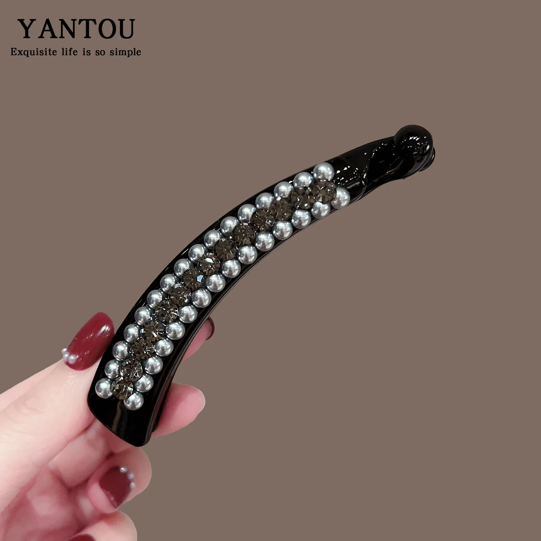 双排珍珠香蕉夹洋气竖夹马尾发夹后脑勺碎发夹气质防滑中号扭扭夹