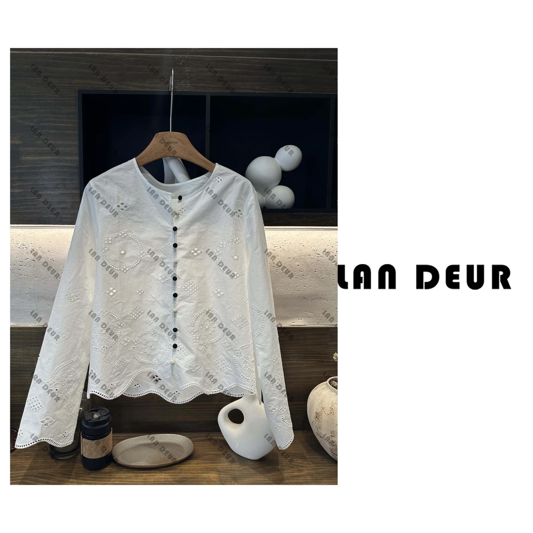 JIUJIU【艺术美学】高级感镂空绣花设计圆领宽松衬衫