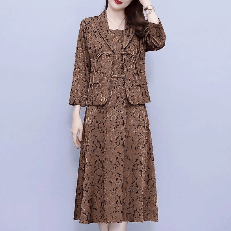 中老年女装秋季套装圆领修身连衣裙中长裙纯色薄款两件套