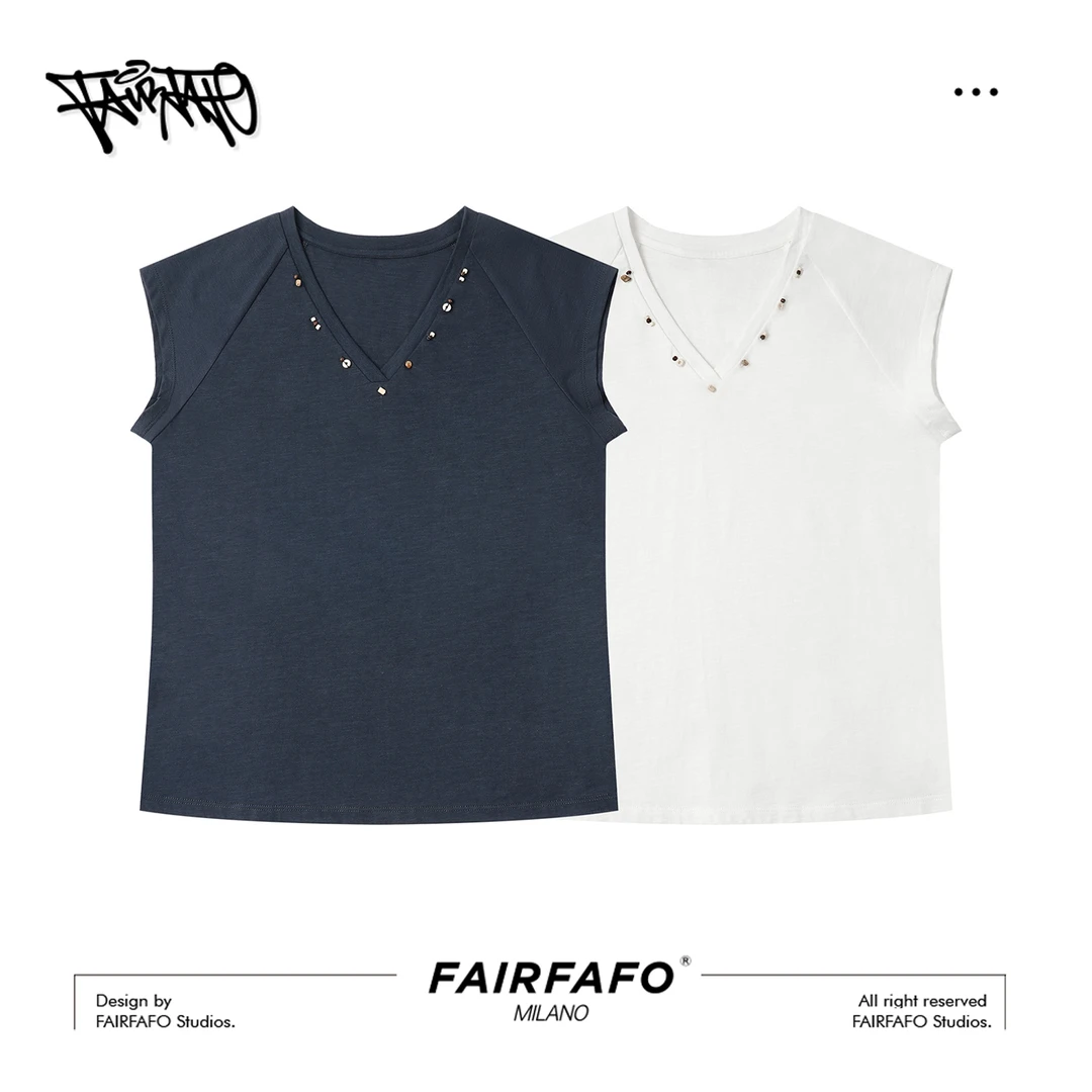 【v领钉珠短袖】TXBL56301复古简约V领商务休闲新款松弛名族风T恤