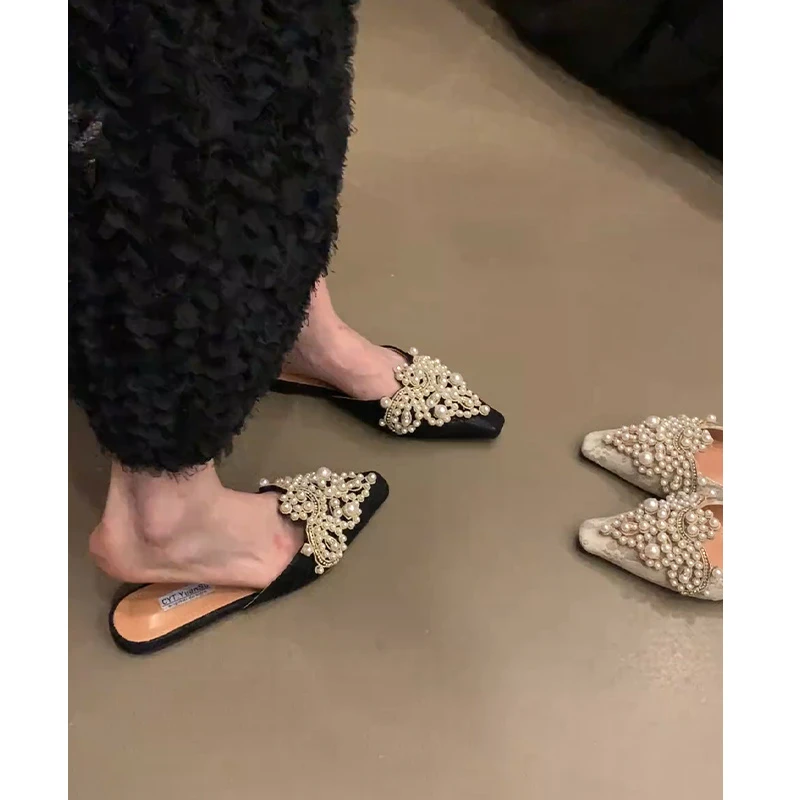 羊皮版~国风气质包头半拖鞋女尖头水钻珍珠平底凉拖鞋配裙子凉鞋