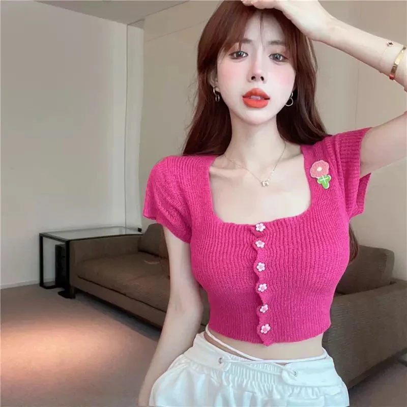 纯欲风性感拼接蕾丝百搭针织短袖夏季新款修身显瘦一字领短款上衣