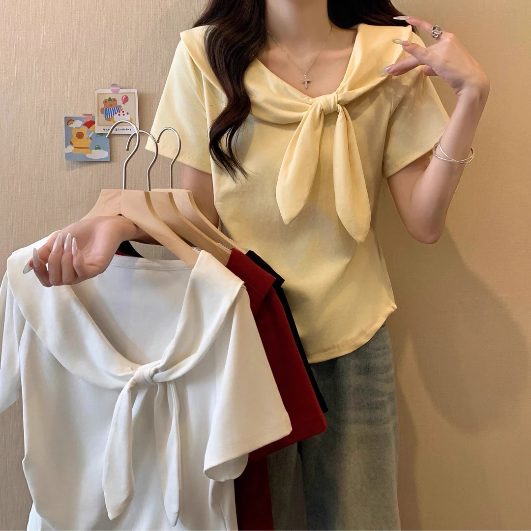 大码女装胖mm夏新款2025时尚百搭海军领短袖T恤显瘦遮肉修身上衣