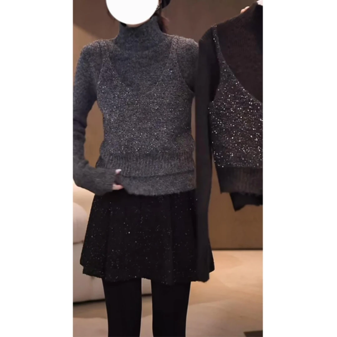 【Jasom cors】Z 高领假两件亮闪闪毛衣长袖网红针织衫上衣半高领女