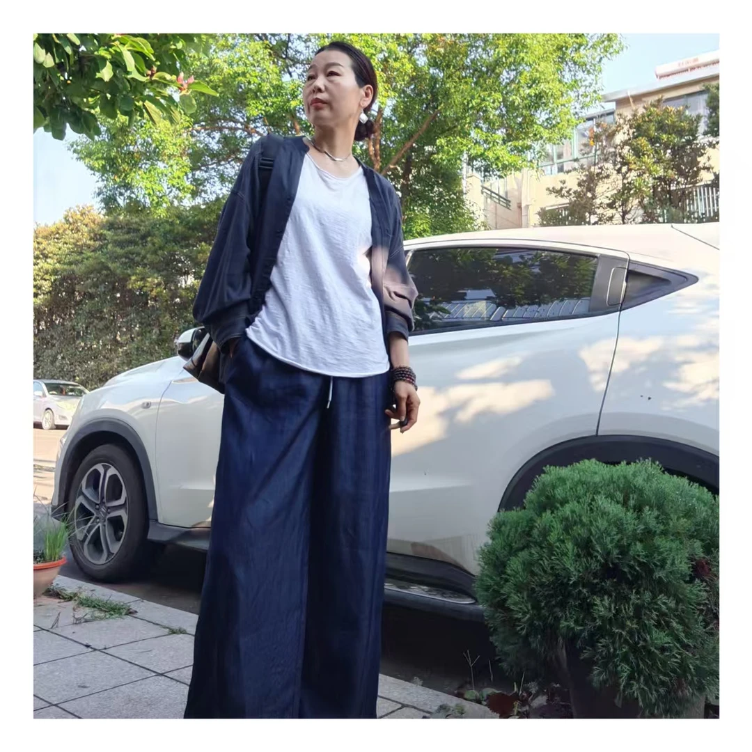 K146秋季新款女士纯色宽松抽绳松紧腰直筒休闲长裤女