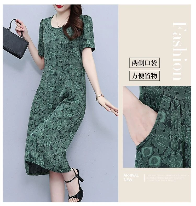 中老年圆领短袖连衣裙夏季2025新款显瘦高端气质妈妈垂坠口袋款