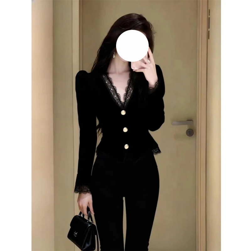 法式高级感拼接蕾丝V领修身衬衫女秋冬大码气质显瘦收腰洋气上衣