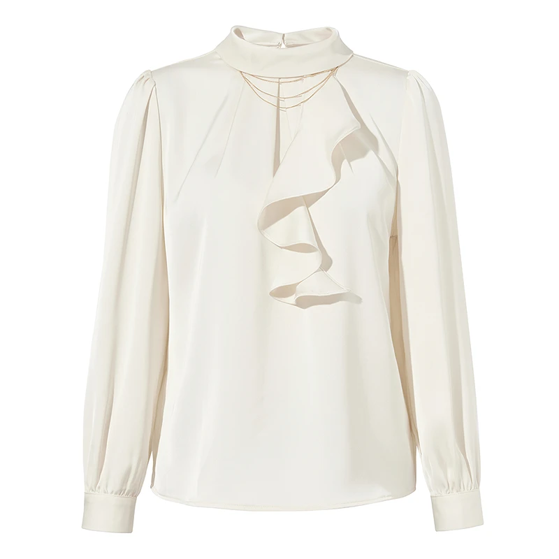 芭蒂娜半高领长袖荷叶边雪纺衫女春季新款职业衬衫上衣651M098