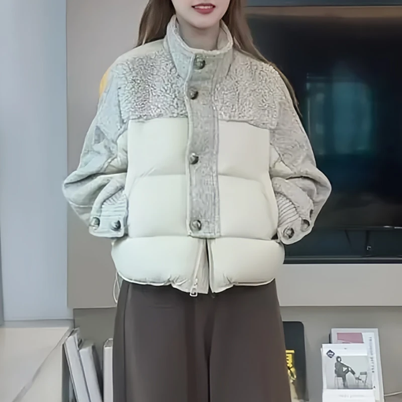 韩版时尚高级感拼色百搭棉服女2026冬季新款小众洋气通勤显瘦外套