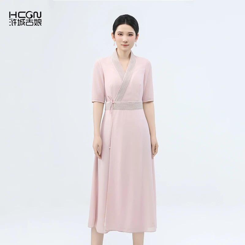 高贵中国风高级轻奢女装裙子小v领A字长款流风回雪连衣裙-21B1192